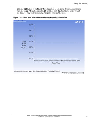 Setup and Solution
Click the Add button in the File XY Plot dialog box to select one of the monitor histories
from the Select File dialog box, click OK, and then click Plot. To obtain a better view of
the data, you may want to manually change the ranges of the axes.
Figure 14.7: Mass Flow Rate at the Inlet During the Next 3 Revolutions

Release 15.0 - © SAS IP, Inc. All rights reserved. - Contains proprietary and confidential information
of ANSYS, Inc. and its subsidiaries and affiliates.

617

 