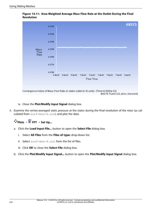 Using Sliding Meshes
Figure 14.11: Area-Weighted Average Mass Flow Rate at the Outlet During the Final
Revolution

iv. Close the Plot/Modify Input Signal dialog box.
3. Examine the vertex-averaged static pressure at the stator during the final revolution of the rotor (as calculated from surf-mon-4.out), and plot the data.
Plots ¡

FFT ¡ Set Up...

a. Click the Load Input File... button to open the Select File dialog box.
i.

Select All Files from the Files of type: drop-down list.

ii. Select surf-mon-4.out from the list of files.
iii. Click OK to close the Select File dialog box.
b. Click the Plot/Modify Input Signal... button to open the Plot/Modify Input Signal dialog box.

626

Release 15.0 - © SAS IP, Inc. All rights reserved. - Contains proprietary and confidential information
of ANSYS, Inc. and its subsidiaries and affiliates.

 