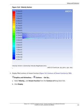Setup and Solution
Figure 16.4: Velocity Vectors

4. Display filled contours of stream function (Figure 16.5: Contours of Stream Function (p. 700)).
Graphics and Animations ¡

Contours ¡ Set Up...

a. Select Velocity... and Stream Function from the Contours of drop-down lists.
b. Click Display.

Release 15.0 - © SAS IP, Inc. All rights reserved. - Contains proprietary and confidential information
of ANSYS, Inc. and its subsidiaries and affiliates.

699

 