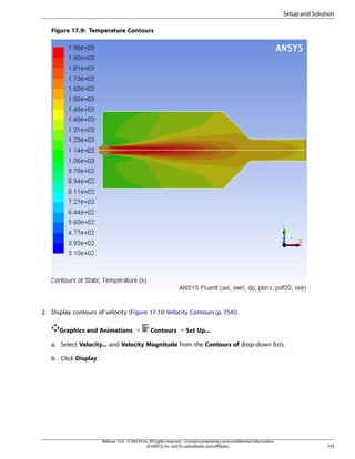 Setup and Solution
Figure 17.9: Temperature Contours

2. Display contours of velocity (Figure 17.10: Velocity Contours (p. 754)).
Graphics and Animations ¡

Contours ¡ Set Up...

a. Select Velocity... and Velocity Magnitude from the Contours of drop-down lists.
b. Click Display.

Release 15.0 - © SAS IP, Inc. All rights reserved. - Contains proprietary and confidential information
of ANSYS, Inc. and its subsidiaries and affiliates.

753

 
