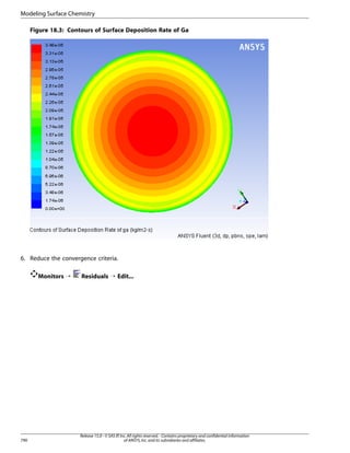 Modeling Surface Chemistry
Figure 18.3: Contours of Surface Deposition Rate of Ga

6. Reduce the convergence criteria.
Monitors ¡

790

Residuals ¡ Edit...

Release 15.0 - © SAS IP, Inc. All rights reserved. - Contains proprietary and confidential information
of ANSYS, Inc. and its subsidiaries and affiliates.

 