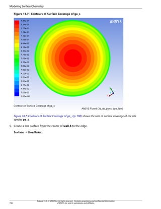 Modeling Surface Chemistry
Figure 18.7: Contours of Surface Coverage of ga_s

Figure 18.7: Contours of Surface Coverage of ga_s (p. 798) shows the rate of surface coverage of the site
species ga_s.
5. Create a line surface from the center of wall-4 to the edge.
Surface ¡ Line/Rake...

798

Release 15.0 - © SAS IP, Inc. All rights reserved. - Contains proprietary and confidential information
of ANSYS, Inc. and its subsidiaries and affiliates.

 