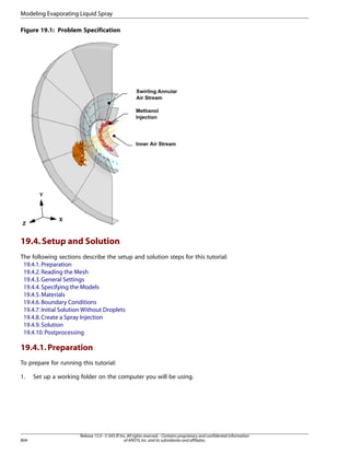 Modeling Evaporating Liquid Spray
Figure 19.1: Problem Specification

19.4. Setup and Solution
The following sections describe the setup and solution steps for this tutorial:
19.4.1. Preparation
19.4.2. Reading the Mesh
19.4.3. General Settings
19.4.4. Specifying the Models
19.4.5. Materials
19.4.6. Boundary Conditions
19.4.7. Initial Solution Without Droplets
19.4.8. Create a Spray Injection
19.4.9. Solution
19.4.10. Postprocessing

19.4.1. Preparation
To prepare for running this tutorial:
1.

804

Set up a working folder on the computer you will be using.

Release 15.0 - © SAS IP, Inc. All rights reserved. - Contains proprietary and confidential information
of ANSYS, Inc. and its subsidiaries and affiliates.

 