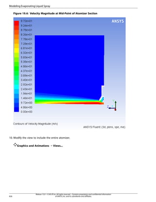 Modeling Evaporating Liquid Spray
Figure 19.4: Velocity Magnitude at Mid-Point of Atomizer Section

10. Modify the view to include the entire atomizer.
Graphics and Animations ¡ Views...

826

Release 15.0 - © SAS IP, Inc. All rights reserved. - Contains proprietary and confidential information
of ANSYS, Inc. and its subsidiaries and affiliates.

 