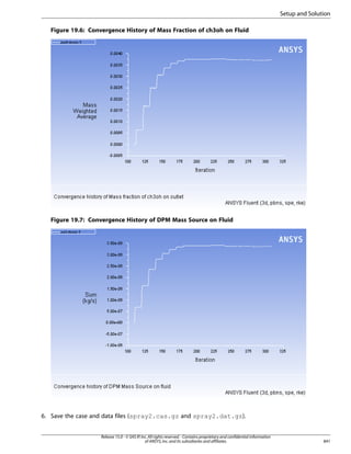 Setup and Solution
Figure 19.6: Convergence History of Mass Fraction of ch3oh on Fluid

Figure 19.7: Convergence History of DPM Mass Source on Fluid

6. Save the case and data files (spray2.cas.gz and spray2.dat.gz).
Release 15.0 - © SAS IP, Inc. All rights reserved. - Contains proprietary and confidential information
of ANSYS, Inc. and its subsidiaries and affiliates.

841

 