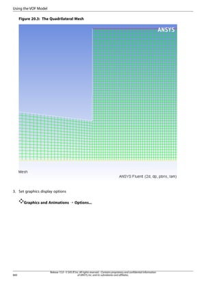 Using the VOF Model
Figure 20.3: The Quadrilateral Mesh

3. Set graphics display options
Graphics and Animations ¡ Options...

860

Release 15.0 - © SAS IP, Inc. All rights reserved. - Contains proprietary and confidential information
of ANSYS, Inc. and its subsidiaries and affiliates.

 