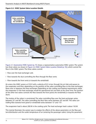 Parametric Analysis in ANSYS Workbench Using ANSYS Fluent
Figure 2.2: HVAC System Valve Location Details

Figure 2.1: Automotive HVAC System (p. 75) shows a representative automotive HVAC system. The system
has three valves (as shown in Figure 2.2: HVAC System Valve Location Details (p. 76)), which control the
flow in the HVAC system. The three valves control:
• Flow over the heat exchanger coils
• Flow towards the duct controlling the flow through the floor vents
• Flow towards the front vents or towards the windshield
Air enters the HVAC system at 310 K with a velocity of 0.5 m/sec through the air inlet and passes to
the evaporator and then, depending on the position of the valve controlling flow to the heat exchanger,
flows over or bypasses the heat exchanger. Depending on the cooling and heating requirements, either
the evaporator or the heat exchanger would be operational, but not both at the same time. The position
of the other two valves controls the flow towards the front panel, the windshield, or towards the floor
ducts.
The motion of the valves is constrained. The valve controlling flow over the heat exchanger varies
between 25° and 90°. The valve controlling the floor flow varies between 20° and 60°. The valve controlling flow towards front panel or windshield varies between 15° and 175°.
The evaporator load is about 200 W in the cooling cycle. The heat exchanger load is about 150 W.
This tutorial illustrates the easiest way to analyze the effects of the above parameters on the flow pattern/distribution and the outlet temperature of air (entering the passenger cabin). Using the parametric

76

Release 15.0 - © SAS IP, Inc. All rights reserved. - Contains proprietary and confidential information
of ANSYS, Inc. and its subsidiaries and affiliates.

 