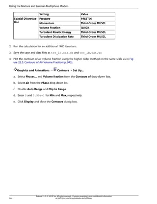 Using the Mixture and Eulerian Multiphase Models
Setting

Value

Spatial Discretiza- Pressure
tion
Momentum

PRESTO!
Third-Order MUSCL

Volume Fraction

QUICK

Turbulent Kinetic Energy

Third-Order MUSCL

Turbulent Dissipation Rate

Third-Order MUSCL

2. Run the calculation for an additional 1400 iterations.
3. Save the case and data files as tee_1b.cas.gz and tee_1b.dat.gz
4. Plot the contours of air volume fraction using the higher order method on the same scale as in Figure 22.5: Contours of Air Volume Fraction (p. 943).
Graphics and Animations ¡

Contours ¡ Set Up...

a. Select Phases... and Volume fraction from the Contours of drop-down lists.
b. Select air from the Phase drop-down list.
c. Disable Auto Range and Clip to Range.
d. Enter 0 and 3.90e-1 for Min and Max, respectively.
e. Click Display and close the Contours dialog box.

944

Release 15.0 - © SAS IP, Inc. All rights reserved. - Contains proprietary and confidential information
of ANSYS, Inc. and its subsidiaries and affiliates.

 