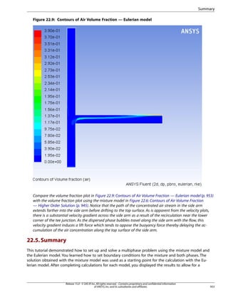 Summary
Figure 22.9: Contours of Air Volume Fraction — Eulerian model

Compare the volume fraction plot in Figure 22.9: Contours of Air Volume Fraction — Eulerian model (p. 953)
with the volume fraction plot using the mixture model in Figure 22.6: Contours of Air Volume Fraction
— Higher Order Solution (p. 945). Notice that the path of the concentrated air stream in the side arm
extends farther into the side arm before drifting to the top surface. As is apparent from the velocity plots,
there is a substantial velocity gradient across the side arm as a result of the recirculation near the lower
corner of the tee junction. As the dispersed phase bubbles travel along the side arm with the flow, this
velocity gradient induces a lift force which tends to oppose the buoyancy force thereby delaying the accumulation of the air concentration along the top surface of the side arm.

22.5. Summary
This tutorial demonstrated how to set up and solve a multiphase problem using the mixture model and
the Eulerian model. You learned how to set boundary conditions for the mixture and both phases. The
solution obtained with the mixture model was used as a starting point for the calculation with the Eulerian model. After completing calculations for each model, you displayed the results to allow for a

Release 15.0 - © SAS IP, Inc. All rights reserved. - Contains proprietary and confidential information
of ANSYS, Inc. and its subsidiaries and affiliates.

953

 