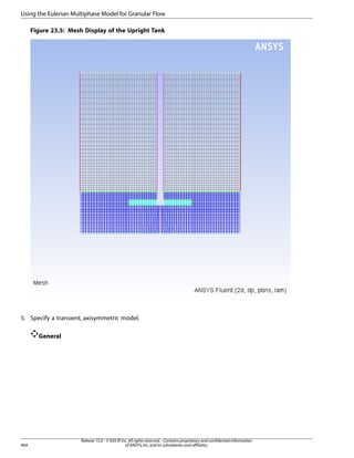 Using the Eulerian Multiphase Model for Granular Flow
Figure 23.5: Mesh Display of the Upright Tank

5. Specify a transient, axisymmetric model.
General

964

Release 15.0 - © SAS IP, Inc. All rights reserved. - Contains proprietary and confidential information
of ANSYS, Inc. and its subsidiaries and affiliates.

 