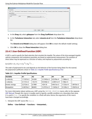 Using the Eulerian Multiphase Model for Granular Flow

a. In the Drag tab, select gidaspow from the Drag Coefficient drop-down list.
b. In the Turbulence Interaction tab, select simonin-et-al from the Turbulence Interaction drop-down
list.
The Simonin-et-al Model dialog box will appear. Click OK to retain the default model settings.
c. Click OK to close the Phase Interaction dialog box.

23.4.7. User-Defined Function (UDF)
A UDF is used to specify the fixed velocities that simulate the impeller. The values of the time-averaged impeller
velocity components and turbulence quantities are based on experimental measurement. The variation of
these values may be expressed as a function of radius, and imposed as polynomials according to:

©

+

+

¢ §

+



=

+…

¢ § ¢© § ¨ § ¦¥¤ ¡£¢¡ 

The order of polynomial to be used depends on the behavior of the function being fitted. For this tutorial,
the polynomial coefficients shown in Table 23.1: Impeller Profile Specifications (p. 972)
Table 23.1: Impeller Profile Specifications
Variable

A1

A2

A3

A4

A5

A6

u velocity

-7.1357e-2

54.304

-3.1345e+3

4.5578e+4

-1.966e+5

–

v velocity

3.1131e-2

-10.313

9.5558e+2

-2.0051e+4

1.186e+5

–

kinetic energy

2.2723e-2

6.7989

-424.18

9.4615e+3

-7.725e+4

1.8410e+5

dissipation

-6.5819e-2

88.845

-5.3731e+3

1.1643e+5

-9.120e+5

1.9567e+6

For more information about setting up a UDF using the DEFINE_PROFILE macro, refer to the separate
UDF Manual. Though this macro is usually used to specify a profile condition on a boundary face zone,
it is used in fix.c to specify the condition in a fluid cell zone. Hence, the arguments of the macro
have been changed accordingly.
1. Interpret the UDF source file fix.c.
Define ¡ User-Defined ¡ Functions ¡ Interpreted...

972

Release 15.0 - © SAS IP, Inc. All rights reserved. - Contains proprietary and confidential information
of ANSYS, Inc. and its subsidiaries and affiliates.

 