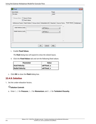 Using the Eulerian Multiphase Model for Granular Flow

i.

Enable Fixed Values.
The Fluid dialog box will expand to show the related inputs.

ii. Click the Fixed Values tab and set the following fixed values:
Parameter

Value

Axial Velocity

udf fixed_u

Radial Velocity

udf fixed_v

c. Click OK to close the Fluid dialog box.

23.4.9. Solution
1. Set the under-relaxation factors.
Solution Controls
a. Enter 0.5 for Pressure, 0.2 for Momentum, and 0.8 for Turbulent Viscosity.

976

Release 15.0 - © SAS IP, Inc. All rights reserved. - Contains proprietary and confidential information
of ANSYS, Inc. and its subsidiaries and affiliates.

 