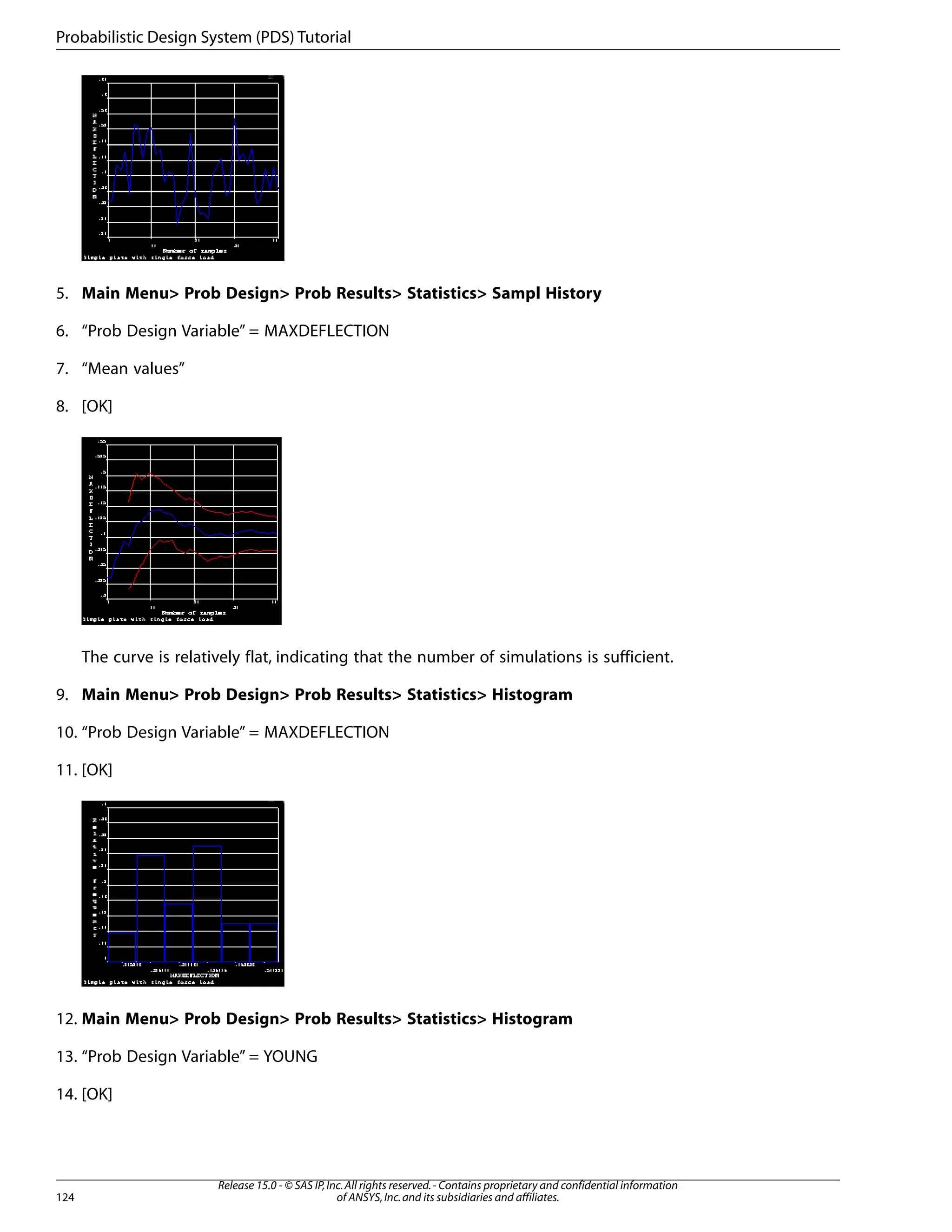 5. Main Menu> Prob Design> Prob Results> Statistics> Sampl History
6. “Prob Design Variable” = MAXDEFLECTION
7. “Mean values”
8. [OK]
The curve is relatively flat, indicating that the number of simulations is sufficient.
9. Main Menu> Prob Design> Prob Results> Statistics> Histogram
10. “Prob Design Variable” = MAXDEFLECTION
11. [OK]
12. Main Menu> Prob Design> Prob Results> Statistics> Histogram
13. “Prob Design Variable” = YOUNG
14. [OK]
Release 15.0 - © SAS IP,Inc.All rights reserved.- Contains proprietary and confidential information
of ANSYS,Inc.and its subsidiaries and affiliates.
124
Probabilistic Design System (PDS) Tutorial
 
