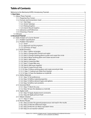 Table of Contents
Welcome to the Mechanical APDL Introductory Tutorials .............................................................................. ix
1. Start Here ................................................................................................................................................ 1
1.1. About These Tutorials ....................................................................................................................... 1
1.1.1. Preparing Your Screen .............................................................................................................. 1
1.1.2. Formats and Conventions Used ................................................................................................ 2
1.1.2.1. Task Steps ....................................................................................................................... 2
1.1.2.2. Action Substeps .............................................................................................................. 3
1.1.2.3.Picking Graphics .............................................................................................................. 3
1.1.2.4.Interim Result Graphics .................................................................................................... 4
1.1.3. Jobnames and Preferences ....................................................................................................... 4
1.1.4. Choosing a Tutorial .................................................................................................................. 4
1.2. Glossary ........................................................................................................................................... 5
2. Structural Tutorial ................................................................................................................................. 11
2.1. Static Analysis of a Corner Bracket ................................................................................................... 11
2.1.1. Problem Specification ............................................................................................................ 11
2.1.2. Problem Description .............................................................................................................. 12
2.1.2.1. Given ............................................................................................................................ 12
2.1.2.2. Approach and Assumptions ........................................................................................... 12
2.1.2.3. Summary of Steps ......................................................................................................... 12
2.1.3. Build Geometry ...................................................................................................................... 14
2.1.3.1.Step 1: Define rectangles. ............................................................................................... 14
2.1.3.2. Step 2: Change plot controls and replot. ......................................................................... 15
2.1.3.3.Step 3: Change working plane to polar and create first circle. .......................................... 15
2.1.3.4.Step 4: Move working plane and create second circle. ..................................................... 18
2.1.3.5. Step 5: Add areas. .......................................................................................................... 19
2.1.3.6.Step 6: Create line fillet. .................................................................................................. 19
2.1.3.7.Step 7: Create fillet area. ................................................................................................. 20
2.1.3.8. Step 8: Add areas together. ............................................................................................ 21
2.1.3.9.Step 9: Create first pin hole. ............................................................................................ 21
2.1.3.10.Step 10:Move working plane and create second pin hole. ............................................. 21
2.1.3.11.Step 11:Subtract pin holes from bracket. ...................................................................... 22
2.1.3.12.Step 12:Save the database as model.db. ....................................................................... 23
2.1.4. Define Materials ..................................................................................................................... 23
2.1.4.1. Step 13: Set preferences. ................................................................................................ 23
2.1.4.2.Step 14:Define material properties. ................................................................................ 23
2.1.4.3.Step 15: Define element types and options. .................................................................... 24
2.1.4.4.Step 16:Define real constants. ........................................................................................ 24
2.1.5.Generate Mesh ....................................................................................................................... 25
2.1.5.1. Step 17: Mesh the area. .................................................................................................. 25
2.1.5.2. Step 18: Save the database as mesh.db. .......................................................................... 26
2.1.6. Apply Loads ........................................................................................................................... 26
2.1.6.1.Step 19:Apply displacement constraints. ........................................................................ 26
2.1.6.2. Step 20: Apply pressure load. ......................................................................................... 27
2.1.7.Obtain Solution ...................................................................................................................... 28
2.1.7.1. Step 21: Solve. ............................................................................................................... 28
2.1.8. Review Results ....................................................................................................................... 29
2.1.8.1. Step 22: Enter the general postprocessor and read in the results. .................................... 29
2.1.8.2. Step 23: Plot the deformed shape. .................................................................................. 29
2.1.8.3.Step 24:Plot the von Mises equivalent stress. .................................................................. 30
2.1.8.4.Step 25: List reaction solution. ........................................................................................ 30
iii
Release 15.0 - © SAS IP,Inc.All rights reserved.- Contains proprietary and confidential information
of ANSYS,Inc.and its subsidiaries and affiliates.
 