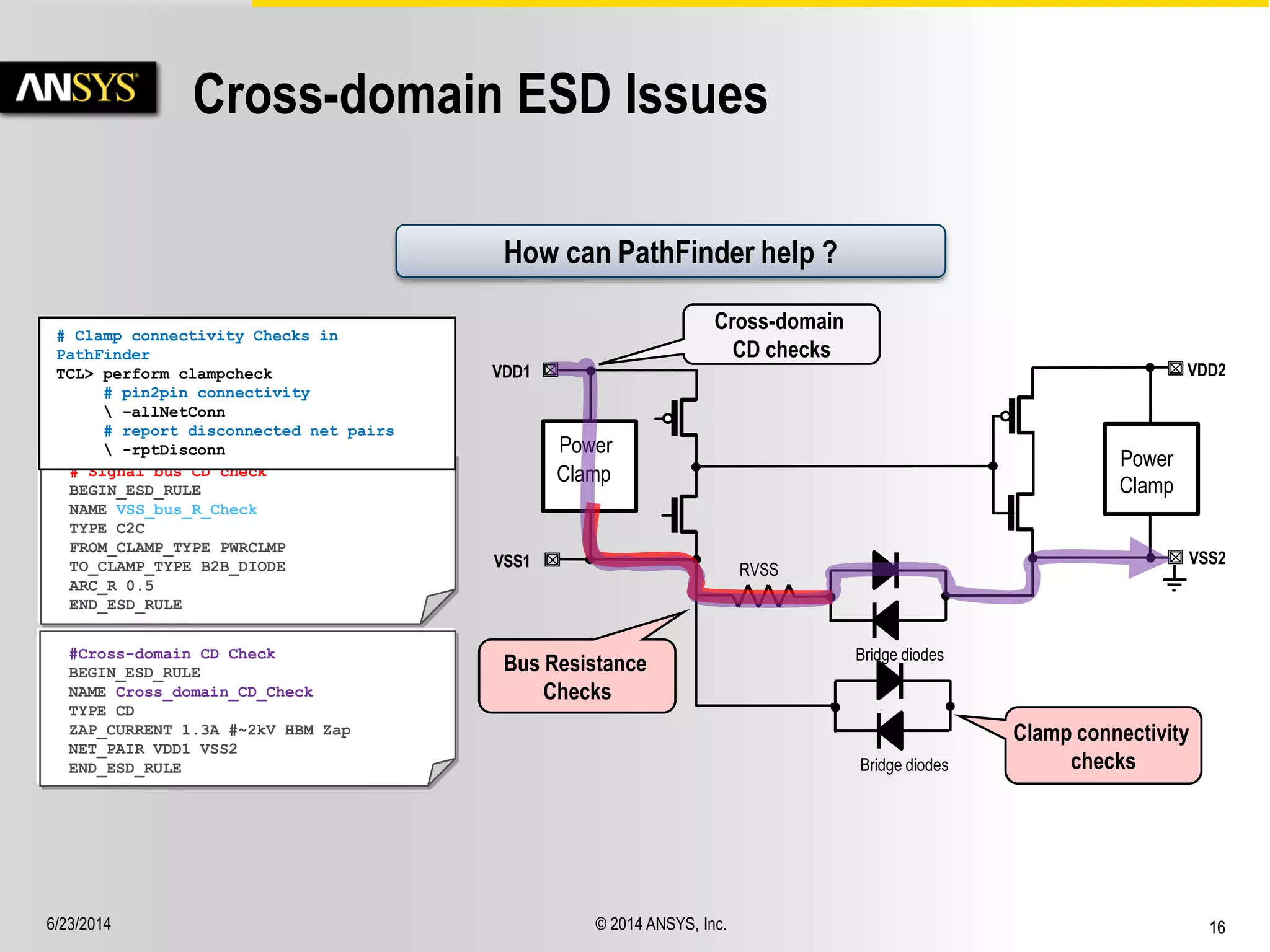 6/23/2014 © 2014 ANSYS, Inc. 16 
Bus Resistance 
Checks 
Clamp connectivity 
checks 
VSS1 
VDD1 
Power 
Clamp 
VSS2 
VDD2 
Power 
Clamp 
Bridge diodes 
RVSS 
Bridge diodes 
Cross-domain ESD Issues 
# Signal bus CD check 
BEGIN_ESD_RULE 
NAME VSS_bus_R_Check 
TYPE C2C 
FROM_CLAMP_TYPE PWRCLMP 
TO_CLAMP_TYPE B2B_DIODE 
ARC_R 0.5 
END_ESD_RULE 
#Cross-domain CD Check 
BEGIN_ESD_RULE 
NAME Cross_domain_CD_Check 
TYPE CD 
ZAP_CURRENT 1.3A #~2kV HBM Zap 
NET_PAIR VDD1 VSS2 
END_ESD_RULE 
How can PathFinder help ? 
# Clamp connectivity Checks in 
PathFinder 
TCL> perform clampcheck 
# pin2pin connectivity 
 –allNetConn 
# report disconnected net pairs 
 -rptDisconn 
Cross-domain 
CD checks 
 