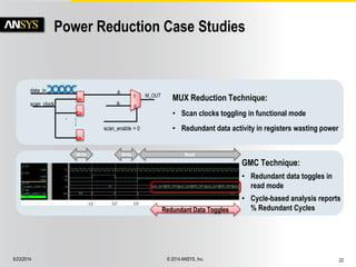 6/23/2014 © 2014 ANSYS, Inc. 22 
Power Reduction Case Studies 
…. 
. 
1 
0 
A 
B 
scan_enable = 0 
scan_clock 
data_in 
M_OUT 
Write Write Read 
MUX Reduction Technique: 
• Scan clocks toggling in functional mode 
• Redundant data activity in registers wasting power 
Redundant Data Toggles 
GMC Technique: 
• Redundant data toggles in 
read mode 
• Cycle-based analysis reports 
% Redundant Cycles 
 