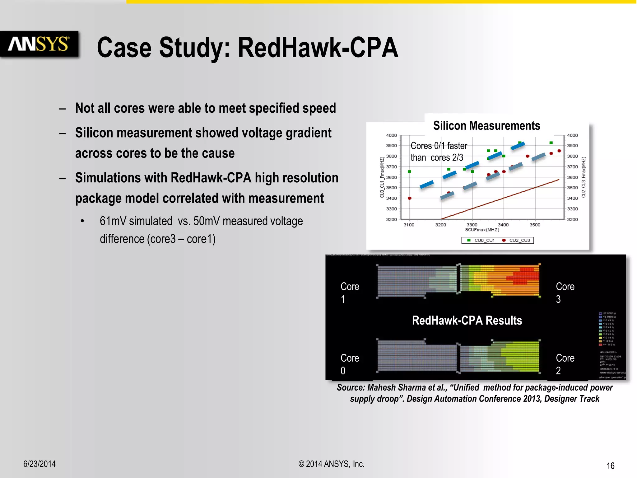 6/23/2014 © 2014 ANSYS, Inc. 16 
Case Study: RedHawk-CPA 
– Not all cores were able to meet specified speed 
– Silicon measurement showed voltage gradient 
across cores to be the cause 
– Simulations with RedHawk-CPA high resolution 
package model correlated with measurement 
• 61mV simulated vs. 50mV measured voltage 
difference (core3 – core1) 
Source: Mahesh Sharma et al., “Unified method for package-induced power 
supply droop”. Design Automation Conference 2013, Designer Track 
Core 
1 
Core 
0 
Core 
3 
Core 
2 
Cores 0/1 faster 
than cores 2/3 
RedHawk-CPA Results 
Silicon Measurements 
 