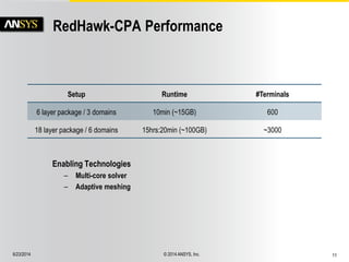6/23/2014 © 2014 ANSYS, Inc. 11 
RedHawk-CPA Performance 
Setup Runtime #Terminals 
6 layer package / 3 domains 10min (~15GB) 600 
18 layer package / 6 domains 15hrs:20min (~100GB) ~3000 
Enabling Technologies 
– Multi-core solver 
– Adaptive meshing 
 