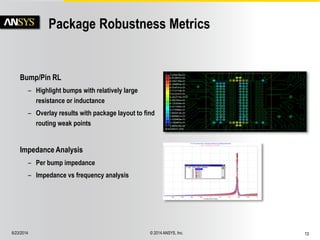 6/23/2014 © 2014 ANSYS, Inc. 13 
Package Robustness Metrics 
Impedance Analysis 
– Per bump impedance 
– Impedance vs frequency analysis 
Bump/Pin RL 
– Highlight bumps with relatively large 
resistance or inductance 
– Overlay results with package layout to find 
routing weak points 
 