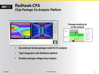 6/23/2014 © 2014 ANSYS, Inc. 5 
RedHawk-CPA 
Chip-Package Co-Analysis Platform 
• Accurate per-bump package model for IC analysis 
• Tight integration with RedHawk platform 
• Enables package voltage drop analysis 
Package modeling for 
on-die analysis 
 