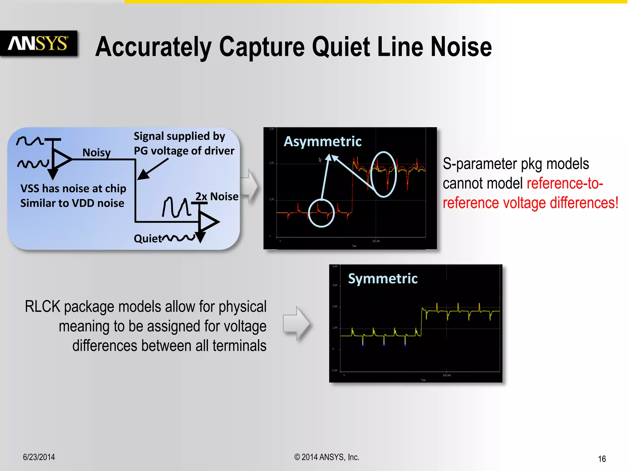 6/23/2014 © 2014 ANSYS, Inc. 16 
Accurately Capture Quiet Line Noise 
Noisy 
Quiet 
VSS has noise at chip 
Similar to VDD noise 
Signal supplied by 
PG voltage of driver 
2x Noise 
Asymmetric 
S-parameter pkg models 
cannot model reference-to-reference 
voltage differences! 
Symmetric 
RLCK package models allow for physical 
meaning to be assigned for voltage 
differences between all terminals 
 