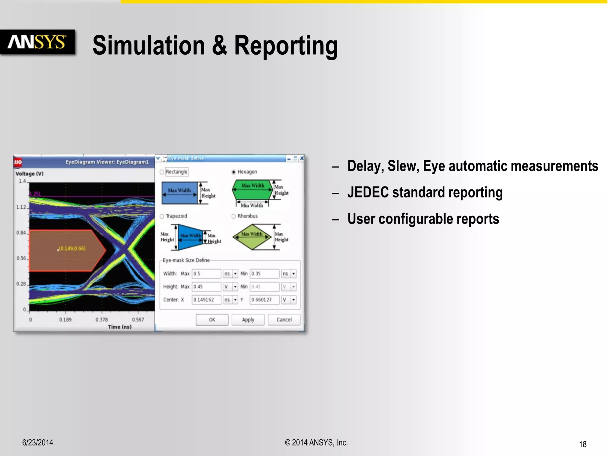 6/23/2014 © 2014 ANSYS, Inc. 18 
Simulation & Reporting 
– Delay, Slew, Eye automatic measurements 
– JEDEC standard reporting 
– User configurable reports 
 