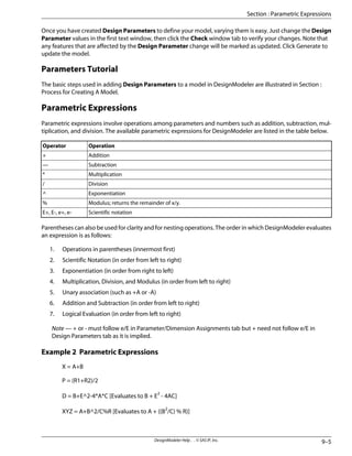 Once you have created Design Parameters to define your model, varying them is easy. Just change the Design
Parameter values in the first text window, then click the Check window tab to verify your changes. Note that
any features that are affected by the Design Parameter change will be marked as updated. Click Generate to
update the model.
Parameters Tutorial
The basic steps used in adding Design Parameters to a model in DesignModeler are illustrated in Section :
Process for Creating A Model.
Parametric Expressions
Parametric expressions involve operations among parameters and numbers such as addition, subtraction, mul-
tiplication, and division. The available parametric expressions for DesignModeler are listed in the table below.
Operation
Operator
Addition
+
Subtraction
—
Multiplication
*
Division
/
Exponentiation
^
Modulus; returns the remainder of x/y.
%
Scientific notation
E+, E-, e+, e-
Parentheses can also be used for clarity and for nesting operations. The order in which DesignModeler evaluates
an expression is as follows:
1. Operations in parentheses (innermost first)
2. Scientific Notation (in order from left to right)
3. Exponentiation (in order from right to left)
4. Multiplication, Division, and Modulus (in order from left to right)
5. Unary association (such as +A or -A)
6. Addition and Subtraction (in order from left to right)
7. Logical Evaluation (in order from left to right)
Note — + or - must follow e/E in Parameter/Dimension Assignments tab but + need not follow e/E in
Design Parameters tab as it is implied.
Example 2 Parametric Expressions
X = A+B
P = (R1+R2)/2
D = B+E^2-4*A*C [Evaluates to B + E2
- 4AC]
XYZ = A+B^2/C%R [Evaluates to A + ((B2
/C) % R)]
9–5
DesignModeler Help . . © SAS IP, Inc.
Section : Parametric Expressions
 