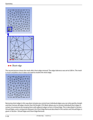 The second picture shows the mesh after short edge removal. The edge tolerance was set to 0.08 m. The mesh
is much smoother since it does not need to resolve the short edge.
Removing short edges in this way does not give you control over individual edges; you can only specify a length
and then remove all edges shorter than this length. CFX-Mesh allows you to remove individual short edges in
certain circumstances by merging them with adjacent edges to form a Virtual Edge. This is described in Section :
Virtual Edges, and a comparison between the Short Edge Removal described in this section and Virtual Edges is
given in Section : Virtual Edges and Short Edge Removal.
CFX-Mesh Help . . © SAS IP, Inc.
5–26
Geometry
 