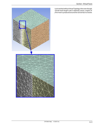 IfitisjustmeshedwithoutVirtualTopology,theneventhough
the overall mesh length scale is relatively coarse, a region of
veryfinemeshisproducedaroundthenarrowfacetoresolve
it.
6–3
CFX-Mesh Help . . © SAS IP, Inc.
Section : Virtual Faces
 