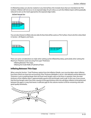 A inflated boundary can also be created on any internal face; this includes faces that are intended to be Thin
Surfaces. Inflation will not occur on an exposed edge of such a face, as such the inflation layers will be gradually
reduced to zero as the mesh approaches the exposed edge nodes.
You can also choose to inflate only one side of a face that will be used as a Thin Surface. How to do this is described
in Section : 2D Regions and Faces.
There are some considerations to make when setting up the Inflated Boundary, particularly when setting the
Maximum Thickness (and not using First Layer Thickness):
Inflating Between Thin Gaps
Inflating the Inside Walls of Cylindrical Pipes
Inflating Between Thin Gaps
When using the Section : Total Thickness option from the Inflation Details, care must be taken when inflating
from faces which are close but not touching. If the Thickness Multiplier is set to 1 (the default) and the Maximum
Thickness is set to anything larger than the local mesh length scale on the faces in question, then the total
thickness of the inflation layer is approximately equal to the local length mesh scale. In this case, if you ensure
that the local length scale is less than a quarter of the gap thickness then this will allow inflation to be performed
between the gaps in a way that leaves a sufficient gap for the volume mesher to fill the remaining void with
good quality tetrahedra.
8–23
CFX-Mesh Help . . © SAS IP, Inc.
Section : Inflation
 