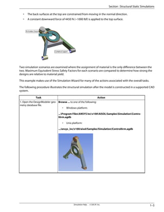 • The back surfaces at the top are constrained from moving in the normal direction.
• A constant downward force of 4450 N (~1000 lbf) is applied to the top surface.
Two simulation scenarios are examined where the assignment of material is the only difference between the
two. Maximum Equivalent Stress Safety Factors for each scenario are compared to determine how strong the
designs are relative to material yield.
This example makes use of the Simulation Wizard for many of the actions associated with the overall tasks.
The following procedure illustrates the structural simulation after the model is constructed in a supported CAD
system.
Action
Task
Browse ... to one of the following:
• Windows platform:
...Program FilesANSYS Incv100AISOLSamplesSimulationContro-
lArm.agdb
• Unix platform:
.../ansys_inc/v100/aisol/Samples/Simulation/ControlArm.agdb
1. Open the DesignModeler geo-
metry database file.
1–3
Simulation Help . . © SAS IP, Inc.
Section : Structural Static Simulations
 