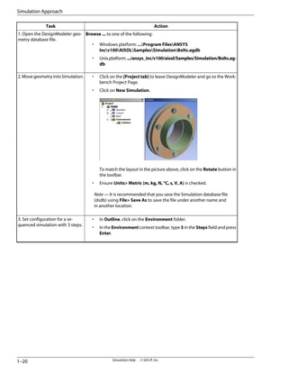 Action
Task
Browse ... to one of the following:
• Windows platform: ...Program FilesANSYS
Incv100AISOLSamplesSimulationBolts.agdb
• Unixplatform:.../ansys_inc/v100/aisol/Samples/Simulation/Bolts.ag-
db
1. Open the DesignModeler geo-
metry database file.
• Click on the [Project tab] to leave DesignModeler and go to the Work-
bench Project Page.
• Click on New Simulation.
To match the layout in the picture above, click on the Rotate button in
the toolbar.
• Ensure Units> Metric (m, kg, N, °C, s, V, A) is checked.
Note — It is recommended that you save the Simulation database file
(dsdb) using File> Save As to save the file under another name and
in another location.
2.MovegeometryintoSimulation.
• In Outline, click on the Environment folder.
• In the Environment context toolbar, type 3 in the Steps field and press
Enter.
3. Set configuration for a se-
quenced simulation with 3 steps.
Simulation Help . . © SAS IP, Inc.
1–20
Simulation Approach
 