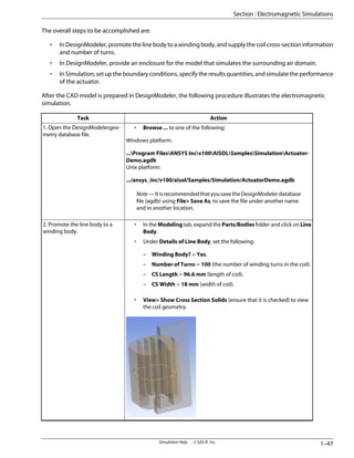 The overall steps to be accomplished are:
• In DesignModeler, promote the line body to a winding body, and supply the coil cross-section information
and number of turns.
• In DesignModeler, provide an enclosure for the model that simulates the surrounding air domain.
• In Simulation, set up the boundary conditions, specify the results quantities, and simulate the performance
of the actuator.
After the CAD model is prepared in DesignModeler, the following procedure illustrates the electromagnetic
simulation.
Action
Task
• Browse ... to one of the following:
Windows platform:
...Program FilesANSYS Incv100AISOLSamplesSimulationActuator-
Demo.agdb
Unix platform:
.../ansys_inc/v100/aisol/Samples/Simulation/ActuatorDemo.agdb
Note—ItisrecommendedthatyousavetheDesignModelerdatabase
file (agdb) using File> Save As, to save the file under another name
and in another location.
1. Open the DesignModelergeo-
metry database file.
• In the Modeling tab, expand the Parts/Bodies folder and click on Line
Body.
• Under Details of Line Body, set the following:
– Winding Body? = Yes.
– Number of Turns = 100 (the number of winding turns in the coil).
– CS Length = 96.6 mm (length of coil).
– CS Width = 18 mm (width of coil).
• View> Show Cross Section Solids (ensure that it is checked) to view
the coil geometry.
2. Promote the line body to a
winding body.
1–47
Simulation Help . . © SAS IP, Inc.
Section : Electromagnetic Simulations
 