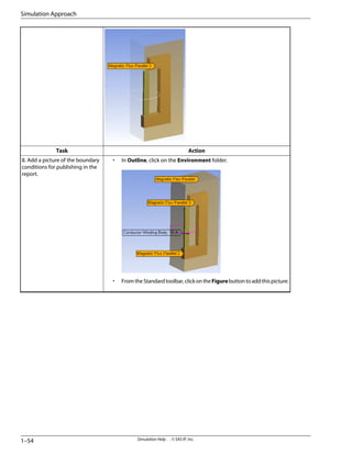 Action
Task
• In Outline, click on the Environment folder.
• FromtheStandardtoolbar,clickontheFigurebuttontoaddthispicture.
8. Add a picture of the boundary
conditions for publishing in the
report.
Simulation Help . . © SAS IP, Inc.
1–54
Simulation Approach
 