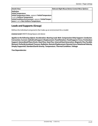 Relevant Right Mouse Button Context Menu Options:
Details View:
Definition:
Initial Temperature
Initial Temperature Value - appears if Initial Temperature
is set to Uniform Temperature.
InitialConditionsEnvironment-appearsifInitialTemper-
ature is set to Non-Uniform Temperature.
Loads and Supports (Group)
Defines the individual components that make up an environment for a model.
License Level: ANSYS DesignSpace and above
Applies to the following objects: Acceleration, Bearing Load, Bolt, Compression Only Support, Conductor,
Convection,Current,CylindricalSupport,Displacement,FixedRotation,FixedSupport,Force,Frictionless
Support, Generalized Plane Strain, Heat Flow, Heat Flux, Internal Heat Generation, Magnetic Flux Parallel,
Moment,PerfectlyInsulated,Pressure,Radiation,RemoteDisplacement,RemoteForce,RotationalVelocity,
Simply Supported, Standard Earth Gravity, Temperature, Thermal Condition, Voltage
Tree Dependencies:
2–21
Simulation Help . . © SAS IP, Inc.
Section : Page Listings
 