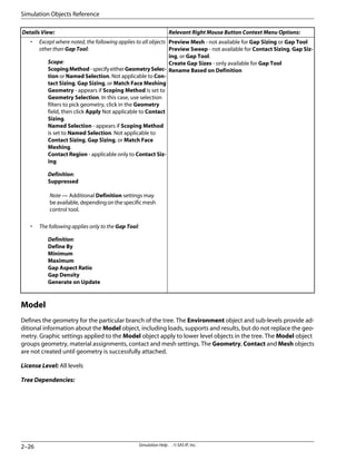 Relevant Right Mouse Button Context Menu Options:
Details View:
Preview Mesh - not available for Gap Sizing or Gap Tool
Preview Sweep - not available for Contact Sizing, Gap Siz-
ing, or Gap Tool.
Create Gap Sizes - only available for Gap Tool
Rename Based on Definition
• Except where noted, the following applies to all objects
other than Gap Tool:
Scope:
ScopingMethod-specifyeitherGeometrySelec-
tion or Named Selection. Not applicable to Con-
tact Sizing, Gap Sizing, or Match Face Meshing
Geometry - appears if Scoping Method is set to
Geometry Selection. In this case, use selection
filters to pick geometry, click in the Geometry
field, then click Apply Not applicable to Contact
Sizing.
Named Selection - appears if Scoping Method
is set to Named Selection. Not applicable to
Contact Sizing, Gap Sizing, or Match Face
Meshing.
Contact Region - applicable only to Contact Siz-
ing
Definition:
Suppressed
Note — Additional Definition settings may
beavailable,dependingonthespecificmesh
control tool.
• The following applies only to the Gap Tool:
Definition:
Define By
Minimum
Maximum
Gap Aspect Ratio
Gap Density
Generate on Update
Model
Defines the geometry for the particular branch of the tree. The Environment object and sub-levels provide ad-
ditional information about the Model object, including loads, supports and results, but do not replace the geo-
metry. Graphic settings applied to the Model object apply to lower level objects in the tree. The Model object
groups geometry, material assignments, contact and mesh settings. The Geometry, Contact and Mesh objects
are not created until geometry is successfully attached.
License Level: All levels
Tree Dependencies:
Simulation Help . . © SAS IP, Inc.
2–26
Simulation Objects Reference
 