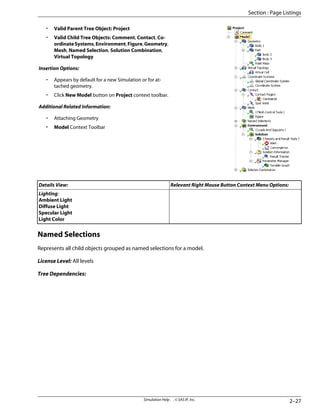 • Valid Parent Tree Object: Project
• Valid Child Tree Objects: Comment, Contact, Co-
ordinateSystems,Environment,Figure,Geometry,
Mesh, Named Selection, Solution Combination,
Virtual Topology
Insertion Options:
• Appears by default for a new Simulation or for at-
tached geometry.
• Click New Model button on Project context toolbar.
Additional Related Information:
• Attaching Geometry
• Model Context Toolbar
Relevant Right Mouse Button Context Menu Options:
Details View:
Lighting:
Ambient Light
Diffuse Light
Specular Light
Light Color
Named Selections
Represents all child objects grouped as named selections for a model.
License Level: All levels
Tree Dependencies:
2–27
Simulation Help . . © SAS IP, Inc.
Section : Page Listings
 