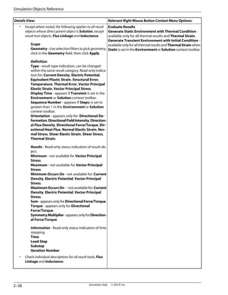 Relevant Right Mouse Button Context Menu Options:
Details View:
Evaluate Results
Generate Static Environment with Thermal Condition -
available only for all thermal results and Thermal Strain.
Generate Transient Environment with Initial Condition -
availableonlyforallthermalresultsandThermalStrainwhen
Static is set in the Environment or Solution context toolbar.
• Except where noted, the following applies to all result
objects whose direct parent object is Solution, except
result tool objects, Flux Linkage and Inductance.
Scope
Geometry - Use selection filters to pick geometry,
click in the Geometry field, then click Apply.
Definition:
Type - result type indication, can be changed
within the same result category. Read-only indica-
tion for: Current Density, Electric Potential,
Equivalent Plastic Strain, Structural Error,
Temperature, Thermal Error, Vector Principal
Elastic Strain, Vector Principal Stress.
Display Time - appears if Transient is set in the
Environment or Solution context toolbar.
Sequence Number - appears if Steps: is set to
greater than 1 in the Environment or Solution
context toolbar.
Orientation - appears only for: Directional De-
formation,DirectionalFieldIntensity,Direction-
al Flux Density, Directional Force/Torque, Dir-
ectional Heat Flux, Normal Elastic Strain, Nor-
mal Stress, Shear Elastic Strain, Shear Stress,
Thermal Strain.
Results - Read-only status indication of result ob-
ject.
Minimum - not available for Vector Principal
Stress.
Maximum - not available for Vector Principal
Stress.
Minimum Occurs On - not available for: Current
Density, Electric Potential, Vector Principal
Stress.
MaximumOccursOn--notavailablefor:Current
Density, Electric Potential, Vector Principal
Stress.
Sum-appearsonlyforDirectionalForce/Torque.
Torque - appears only for Directional
Force/Torque.
SymmetryMultiplier-appearsonlyforDirection-
al Force/Torque.
Information - Read-only status indication of time
stepping.
Time
Load Step
Substep
Iteration Number
• Check individual descriptions for all result tools, Flux
Linkage and Inductance.
Simulation Help . . © SAS IP, Inc.
2–38
Simulation Objects Reference
 