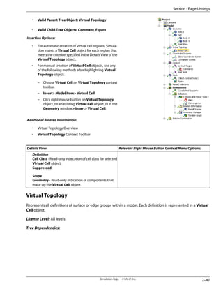 • Valid Parent Tree Object: Virtual Topology
• Valid Child Tree Objects: Comment, Figure
Insertion Options:
• For automatic creation of virtual cell regions, Simula-
tion inserts a Virtual Cell object for each region that
meets the criterion specified in the Details View of the
Virtual Topology object.
• For manual creation of Virtual Cell objects, use any
of the following methods after highlighting Virtual
Topology object:
– Choose VirtualCell on VirtualTopology context
toolbar.
– Insert Model Item Virtual Cell
– Click right mouse button on Virtual Topology
object, on an existing Virtual Cell object, or in the
Geometry window Insert Virtual Cell.
Additional Related Information:
• Virtual Topology Overview
• Virtual Topology Context Toolbar
Relevant Right Mouse Button Context Menu Options:
Details View:
Definition
Cell Class - Read-only indecation of cell class for selected
Virtual Cell object.
Suppressed
Scope
Geometry - Read-only indication of components that
make up the Virtual Cell object.
Virtual Topology
Represents all definitions of surface or edge groups within a model. Each definition is represented in a Virtual
Cell object.
License Level: All levels
Tree Dependencies:
2–47
Simulation Help . . © SAS IP, Inc.
Section : Page Listings
 