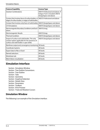 License Type
Feature/Capability
ANSYS Professional and above. If
Fatigue Tool is included: ANSYS
DesignSpace and above
Solution Combinations
ANSYS Professional and above
Contact that involves faces of surface bodies, or
edgesofsurfacebodies,oredgesofsolidbodies.
ANSYS DesignSpace and above
Contact that involves only faces of solid bodies
ANSYS DesignSpace and above
2-D Simulations
ANSYS Emag
ElectromagneticBoundaryConditionsandExcit-
ations
ANSYS Emag
Electromagnetic Results
ANSYS DesignSpace and above
Thermal Condition
ANSYS DesignSpace and above
Import of surface and solid bodies. The only
contact option applicable for the presence of
surface and solid bodies is spot welds.
All levels
Nonlinear output and convergence monitoring
All levels
Coordinate Systems
All levels
Export data to files or Excel
All levels
Named selections
All levels
Worksheet tab
All levels
Mesh failure visualization
Simulation Interface
Section : Simulation Window
Section : Tree Outline Conventions
Section : Tree Outline
Section : Tabs
Section : Geometry
Section : Graphical Selection
Section : Details View
Section : Parameters
Section : Toolbars
Section : Print Preview
Section : Triad and Rotation Cursors
Simulation Window
The following is an example of the Simulation interface.
Simulation Help . . © SAS IP, Inc.
3–2
Simulation Basics
 