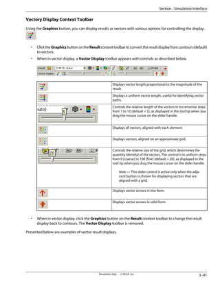 Vectory Display Context Toolbar
Using the Graphics button, you can display results as vectors with various options for controlling the display.
• ClicktheGraphicsbuttonontheResultcontexttoolbartoconverttheresultdisplayfromcontours(default)
to vectors.
• When in vector display, a Vector Display toolbar appears with controls as described below.
Displays vector length proportional to the magnitude of the
result.
Displays a uniform vector length, useful for identifying vector
paths.
Controls the relative length of the vectors in incremental steps
from 1 to 10 (default = 5), as displayed in the tool tip when you
drag the mouse cursor on the slider handle.
Displays all vectors, aligned with each element.
Displays vectors, aligned on an approximate grid.
Controls the relative size of the grid, which determines the
quantity (density) of the vectors. The control is in uniform steps
from 0 [coarse] to 100 [fine] (default = 20), as displayed in the
tool tip when you drag the mouse cursor on the slider handle.
Note — This slider control is active only when the adja-
cent button is chosen for displaying vectors that are
aligned with a grid.
Displays vector arrows in line form.
Displays vector arrows in solid form.
• When in vector display, click the Graphics button on the Result context toolbar to change the result
display back to contours. The Vector Display toolbar is removed.
Presented below are examples of vector result displays.
3–41
Simulation Help . . © SAS IP, Inc.
Section : Simulation Interface
 
