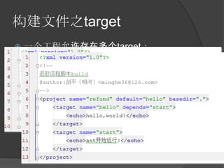 构建文件之target
 一个工程允许存在多个target；
 更细的目标粒度，增强灵活性的同时，有
  利于维护；
 使用depends属性处理目标依赖。
 