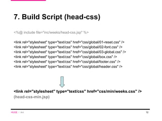 7. Build Script (head-css) <%@ include file="inc/weeks/head-css.jsp" %> <link rel="stylesheet" type="text/css" href="css/global/01-reset.css" /> <link rel="stylesheet" type="text/css" href="css/global/02-font.css" /> <link rel="stylesheet" type="text/css" href="css/global/03-global.css" /> <link rel="stylesheet" type="text/css" href="css/global/box.css" /> <link rel="stylesheet" type="text/css" href="css/global/footer.css" /> <link rel="stylesheet" type="text/css" href="css/global/header.css" /> <link rel="stylesheet" type="text/css" href="css/min/weeks.css" /> (head-css-min.jsp) HUGE   /  Ant 