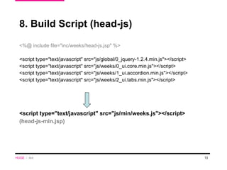 8. Build Script (head-js) <%@ include file="inc/weeks/head-js.jsp" %> <script type="text/javascript" src="js/global/0_jquery-1.2.4.min.js"></script> <script type="text/javascript" src="js/weeks/0_ui.core.min.js"></script> <script type="text/javascript" src="js/weeks/1_ui.accordion.min.js"></script> <script type="text/javascript" src="js/weeks/2_ui.tabs.min.js"></script> <script type="text/javascript" src="js/min/weeks.js"></script> (head-js-min.jsp) HUGE   /  Ant 