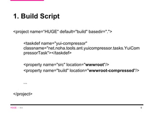 1. Build Script <project name=“HUGE" default="build" basedir="."> <taskdef name="yui-compressor" classname="net.noha.tools.ant.yuicompressor.tasks.YuiCompressorTask"></taskdef> <property name="src" location=" wwwroot "/> <property name="build" location=" wwwroot-compressed "/> ... </project> HUGE   /  Ant 