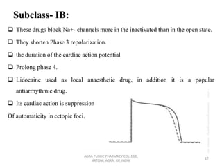 Subclass- IB:
❑ These drugs block Na+- channels more in the inactivated than in the open state.
❑ They shorten Phase 3 repolarization.
❑ the duration of the cardiac action potential
❑ Prolong phase 4.
❑ Lidocaine used as local anaesthetic drug, in addition it is a popular
antiarrhythmic drug.
❑ Its cardiac action is suppression oof
Of automaticity in ectopic foci.
AGRA PUBLIC PHARMACY COLLEGE,
ARTONI, AGRA, UP, INDIA
17
 