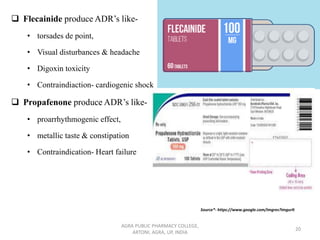 ❑ Flecainide produce ADR’s like-
• torsades de point,
• Visual disturbances & headache
• Digoxin toxicity
• Contraindiaction- cardiogenic shock
❑ Propafenone produce ADR’s like-
• proarrhythmogenic effect,
• metallic taste & constipation
• Contraindication- Heart failure
AGRA PUBLIC PHARMACY COLLEGE,
ARTONI, AGRA, UP, INDIA
20
Source*- https://www.google.com/imgres?imgurlt
 