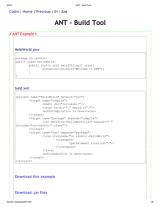 6/6/13 ANT - Build Tool
file:///D:/codin/ant/ant01.html 1/8
Codin | Home | Previous | 01 | End
ANT - Build Tool
# ANT Example1:
HelloWorld.java
packageco.rakshit;
publicclassHelloWorld{
publicstaticvoidmain(String[]args){
System.out.println("WelcometoANT");
}
}
build.xml
<projectname="HelloWorld"default="run">
<targetname="compile">
<mkdirdir="co/rakshit"/>
<javacsrcdir="."destdir="."/>
<echo>Compilationisdone</echo>
</target>
<targetname="package"depends="compile">
<jardestfile="HelloWorld.jar"basedir="."
includes="co/rakshit/*.class"/>
</target>
<targetname="run"depends="package">
<javaclassname="co.rakshit.HelloWorld">
<classpath>
<pathelementlocation="."/>
</classpath>
</java>
<echo>Executionisdone</echo>
</target>
</project>
Download this example
Download .jar files
 