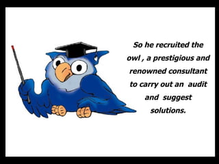So he recruited the owl , a prestigious and renowned consultant to carry out an  audit and  suggest solutions. 
