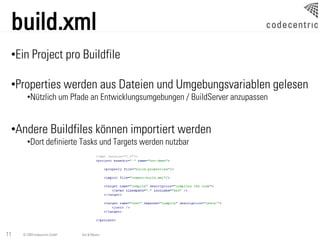 build.xml
 •Ein Project pro Buildfile

 •Properties werden aus Dateien und Umgebungsvariablen gelesen
       •Nützlich um Pfade an Entwicklungsumgebungen / BuildServer anzupassen


 •Andere Buildfiles können importiert werden
       •Dort definierte Tasks und Targets werden nutzbar




11   © 2009 codecentric GmbH   Ant & Maven
 